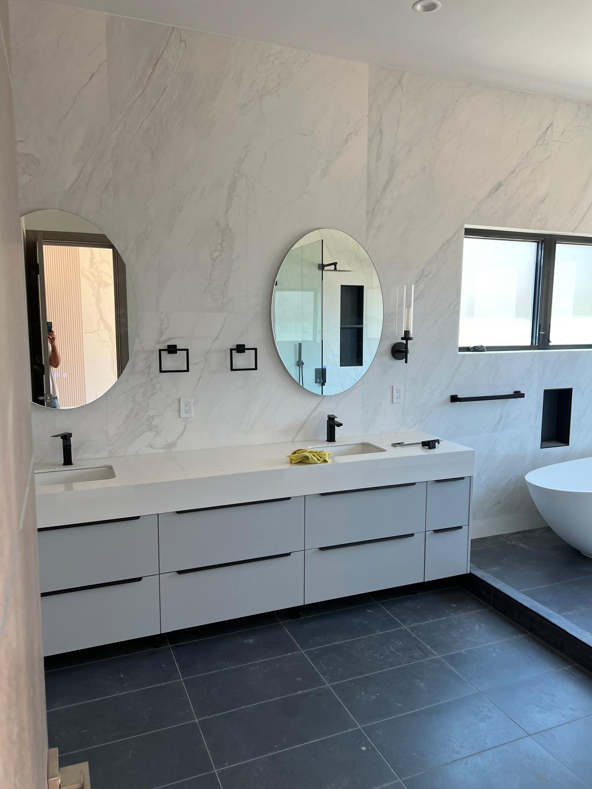 Spa-like bathroom with freestanding tub and glass shower